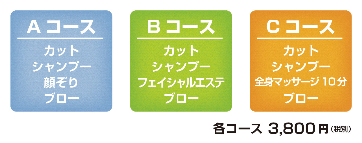 Aコース:カットシャンプー+顔ぞり+ブロー、Bコース:カットシャンプー+フェイシャルエステ+ブロー、Cコース:カットシャンプー+ヘッドマッサージ10分+ブロー、3800円